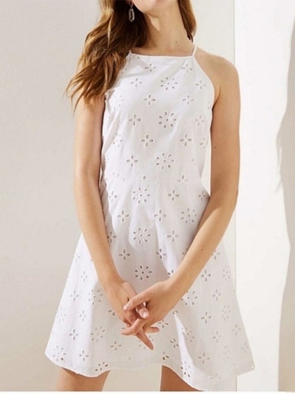 EUC LOFT White Eyelet Halter Mini Dress in Size 2